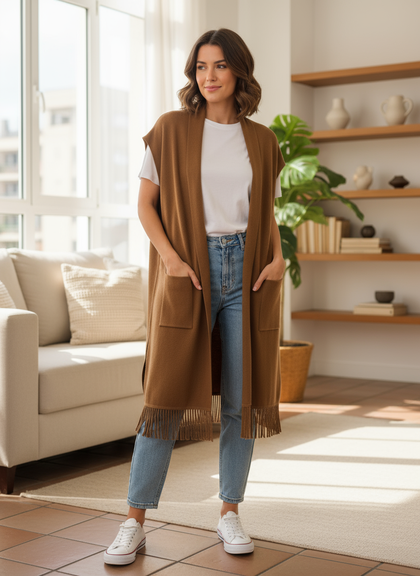 Cardigan Donna Smanicato Lungo con Frange – Invernale Taglia Unica Tabacco e Bianco