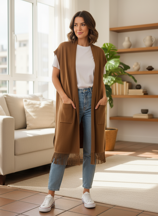 Cardigan Donna Smanicato Lungo con Frange – Invernale Taglia Unica Tabacco e Bianco