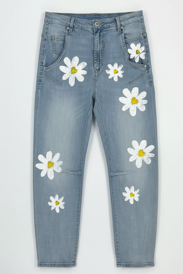 Jeans donna con stampa margherite Made in Italy I Narcisi