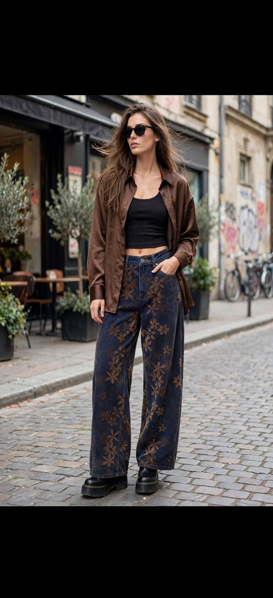 Jeans wide leg floreale donna look completo inverno indossato  - I NACISI