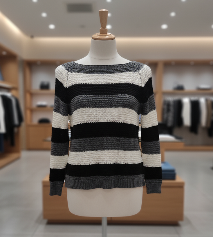 Maglia Donna a Righe Nere Grigie e Panna – Stile Casual Chic Versatile