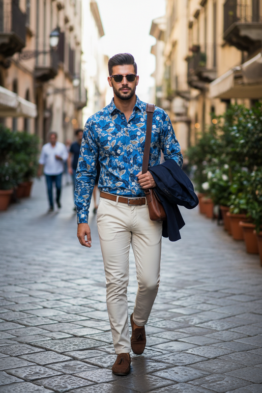 Camicia Uomo in Cotone Turchese – Stampa Floreale Made in Italy