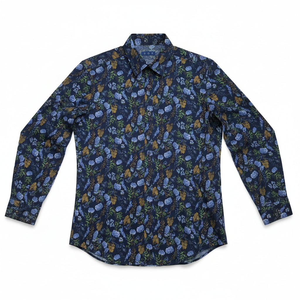 Camicia floreale uomo I Narcisi – Dettaglio stampa floreale tessuto leggero Made in Italy
