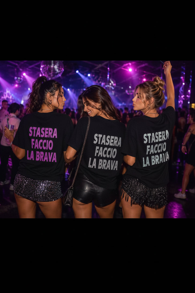 Maglia nera con stampa glitterata sulla schiena – look serale – I Narcisi