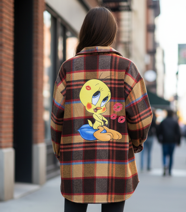 Camicione Flanella Donna Oversize – Stampa Cartoon sulla Schiena Caldo