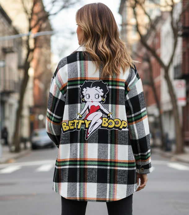 Camicione Flanella Donna Oversize – Stampa Cartoon sulla Schiena Caldo