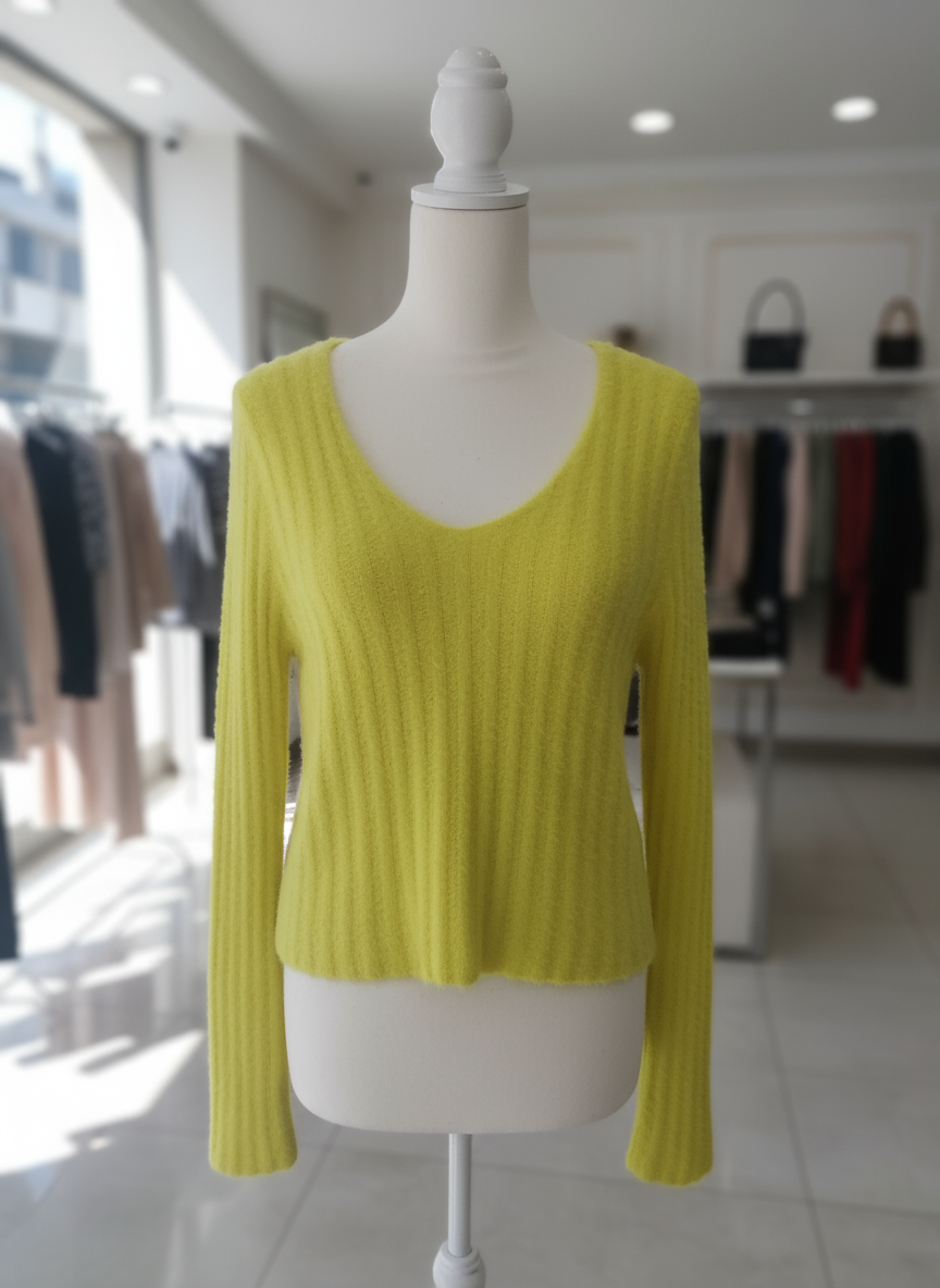 Maglia Donna a Coste con Scollo a V – Colore Giallo Lime Morbida e Leggera Made in Italy