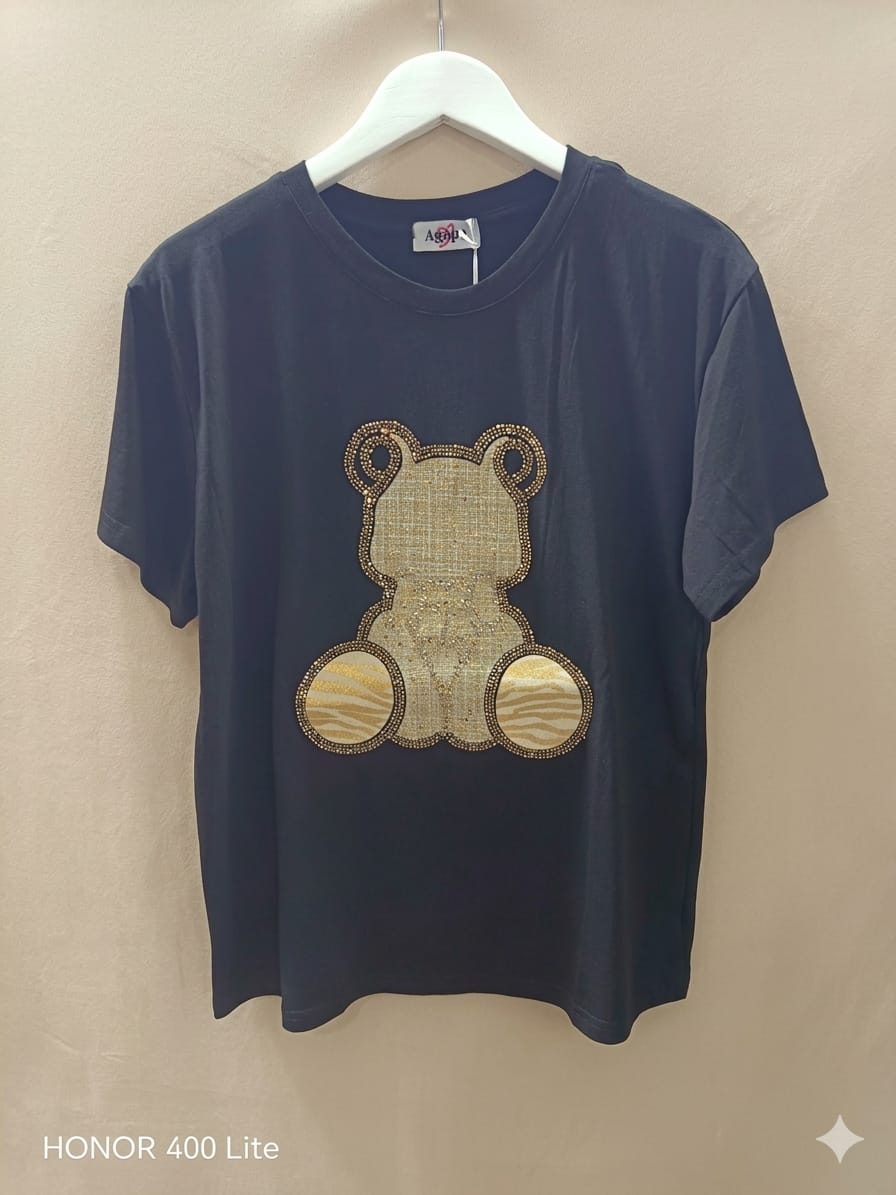 T-shirt donna con orsetto glitter Made in Italy - Dettaglio decorazione I Narcisi
