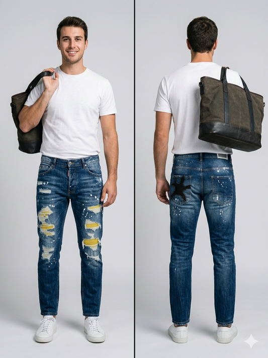 Jeans Blu Denim con Strappi