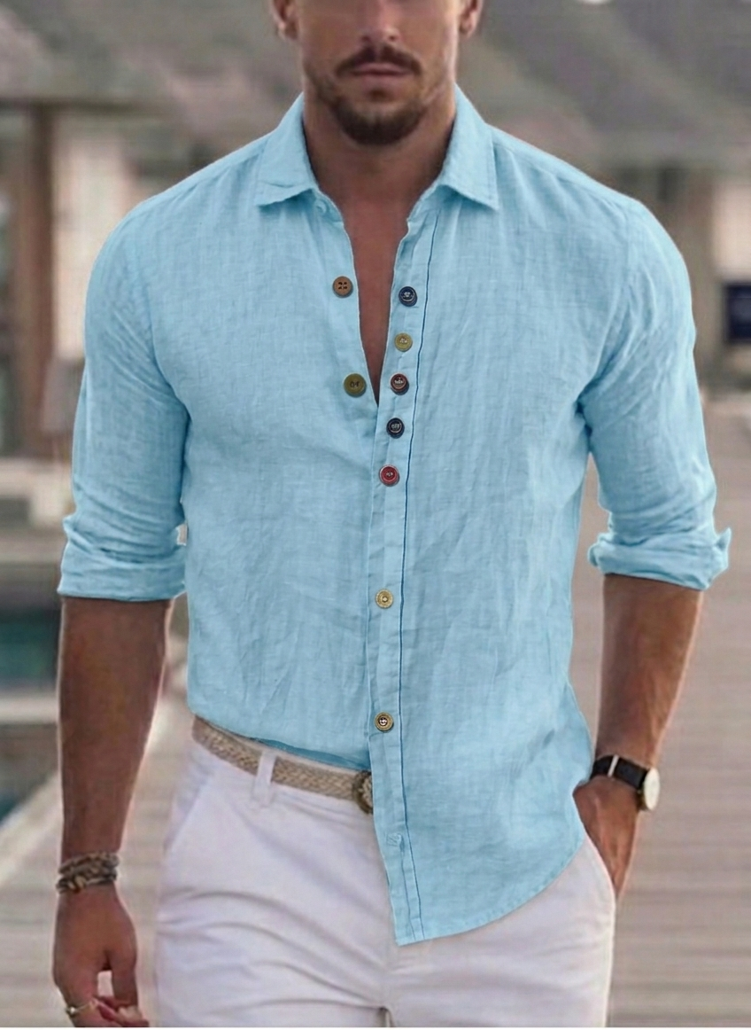 Camicia in lino uomo celeste con bottoni colorati, colletto classico, Made in Italy – I Narcisi