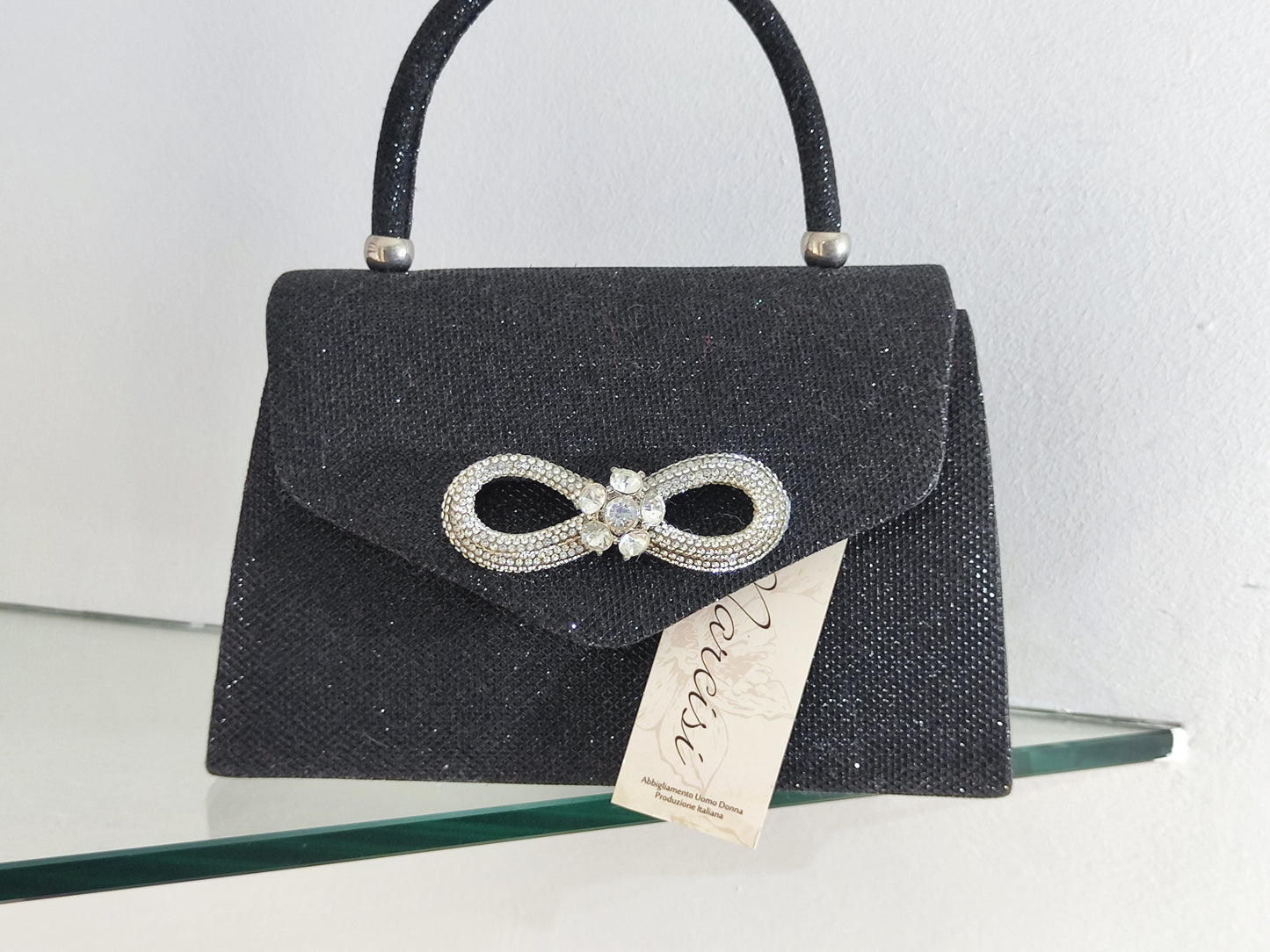 Borsa da Sera Nera con Glitter e Fiocco Strass Elegante
