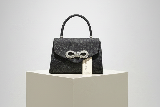 Borsa da Sera Nera con Glitter e Fiocco Strass Elegante