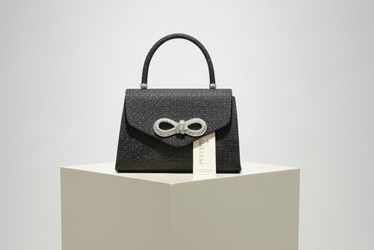 Borsa da Sera Nera con Glitter e Fiocco Strass Elegante