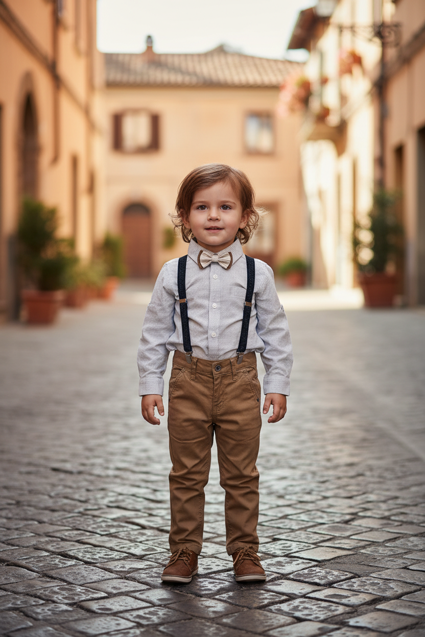 Completo Bambino Camicia Pantalone Bretelle Blu Marrone 4-14 Anni Cerimonie