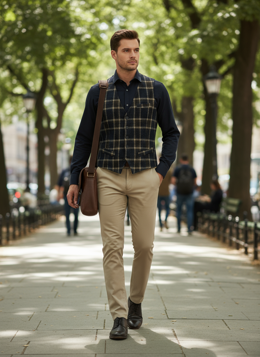 Gilet Uomo Tartan Blu Scuro Beige Elegante Made in Italy