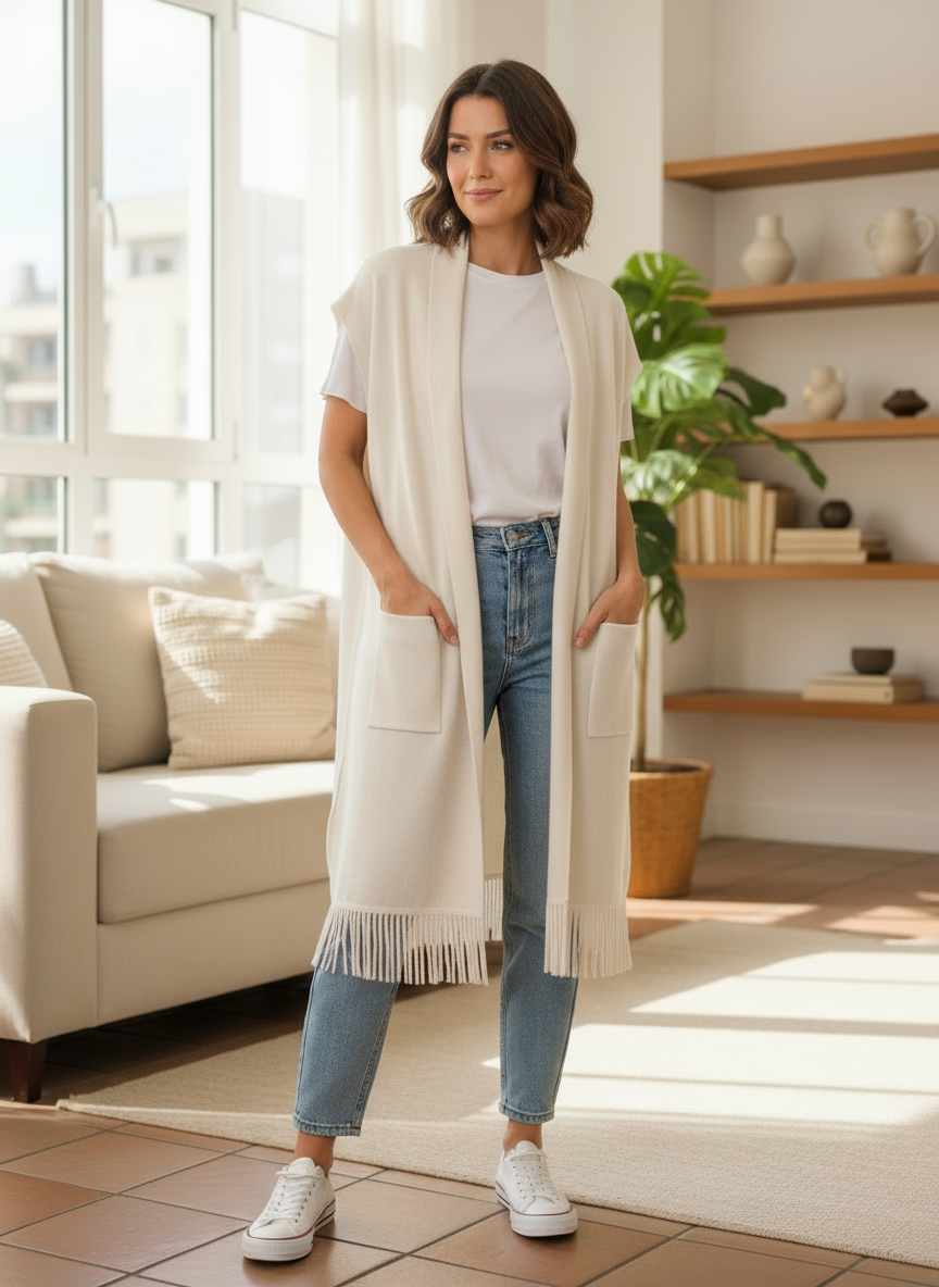 Cardigan Donna Smanicato Lungo con Frange – Invernale Taglia Unica Tabacco e Bianco