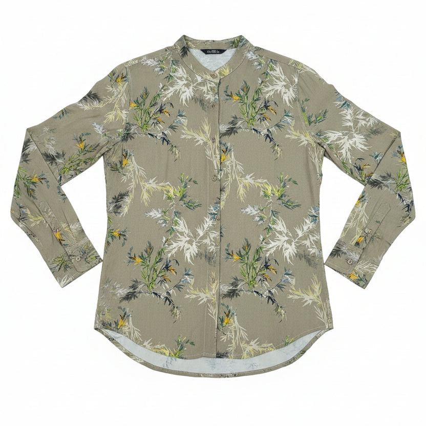 Camicia Uomo Collo Coreano Beige – Stampa Floreale Sottile 100% Viscosa Made in Italy