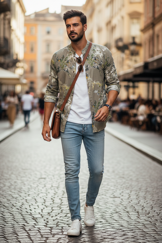 Camicia Uomo Collo Coreano Beige – Stampa Floreale Sottile 100% Viscosa Made in Italy