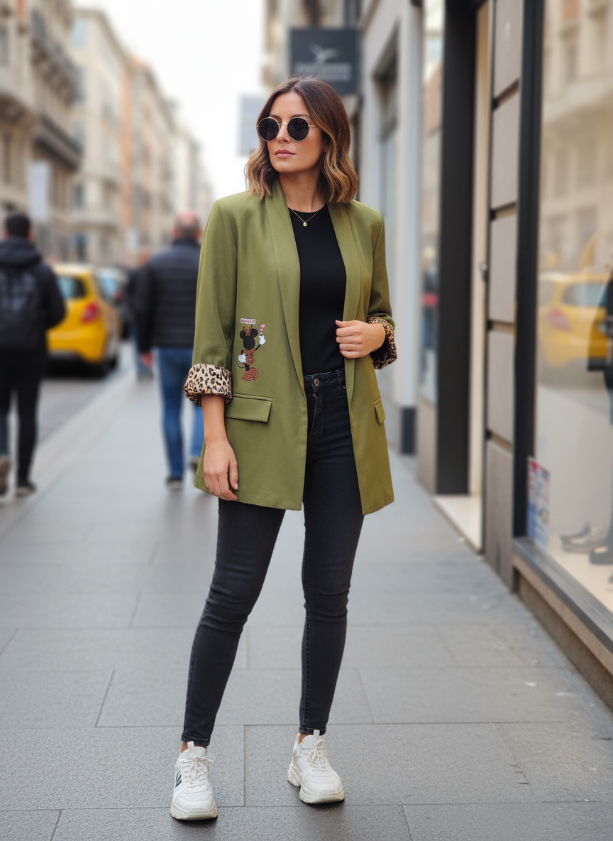 Giacca Graphic Pop da Donna Made in Italy – Blazer con Mini Stampe Cartoon Frontali