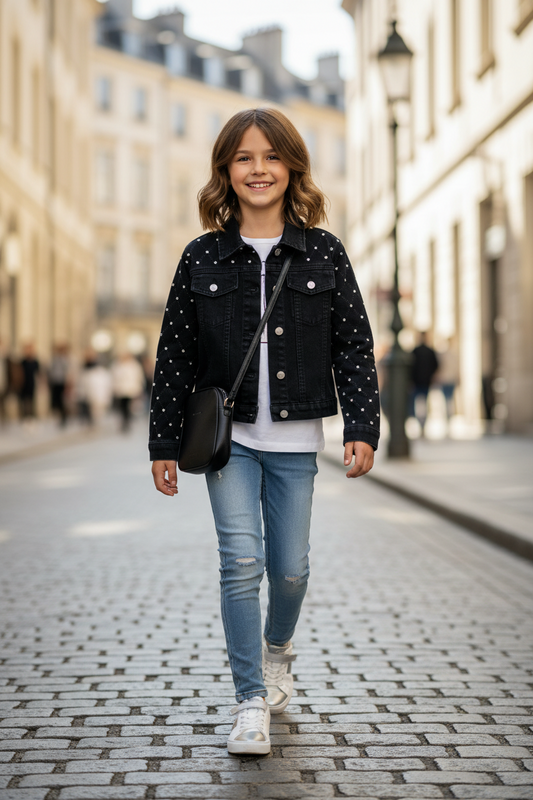Giacchetto Corto Jeans Bambina con Strass sulle Maniche – Made in Italy