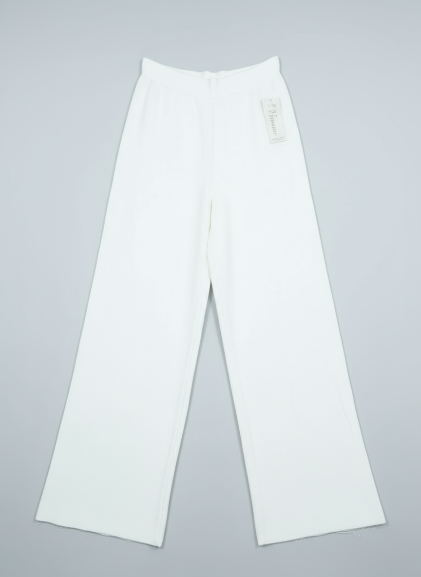 Pantalone Maglia Donna Made in Italy – Taglia Unica Beige e Bianco Gamba Larga