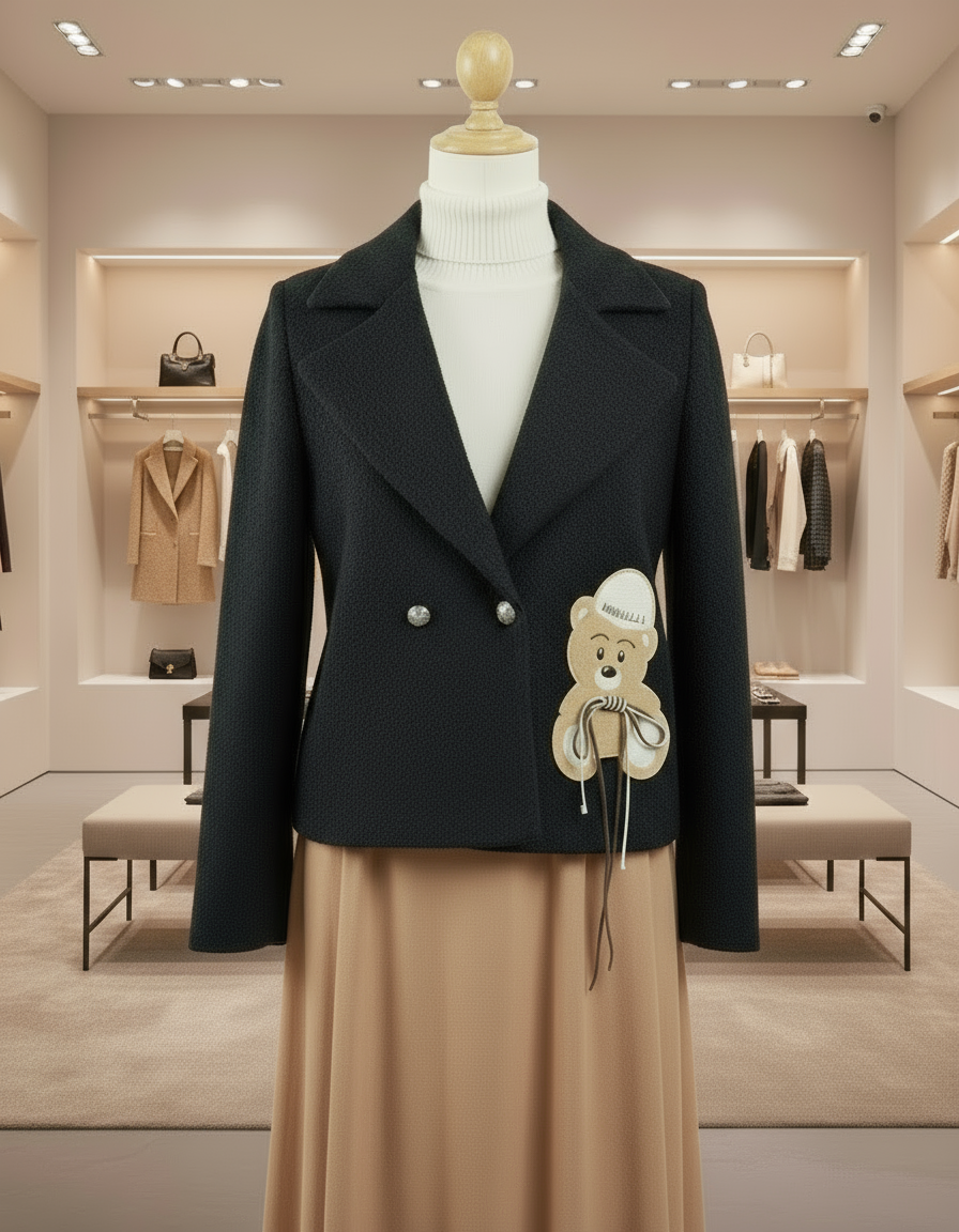 Giacca Invernale Donna Nero con Patch Orsetto