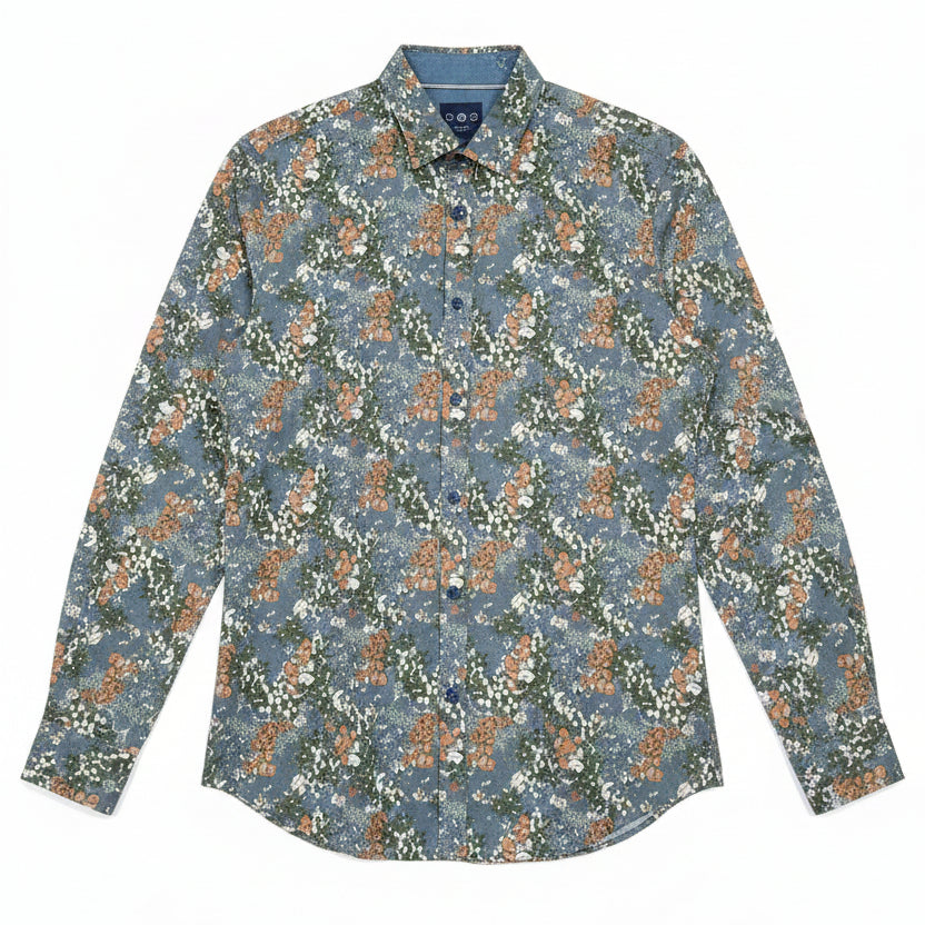 Camicia Uomo in Cotone Grigia – Fantasia Pixelated Blu
