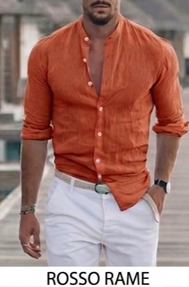 Camicia in lino uomo rosso rame colletto alla coreana – Made in Italy, laccetto per manica, stile estivo elegante
