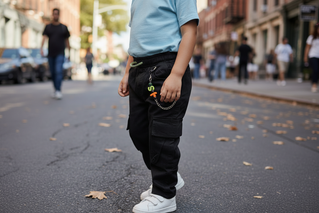 Jeans Cargo Bambino Beige Nero Tasche Funzionali 4-14 Anni