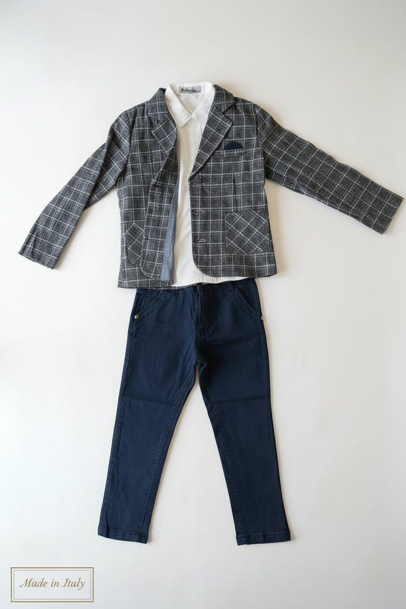 Completo Bambino Giacca Pantalone Camicia Blu Grigio 4-14 Anni Cerimonie