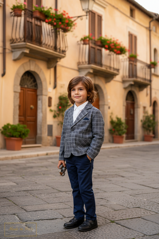 Completo Bambino Giacca Pantalone Camicia Blu Grigio 4-14 Anni Cerimonie