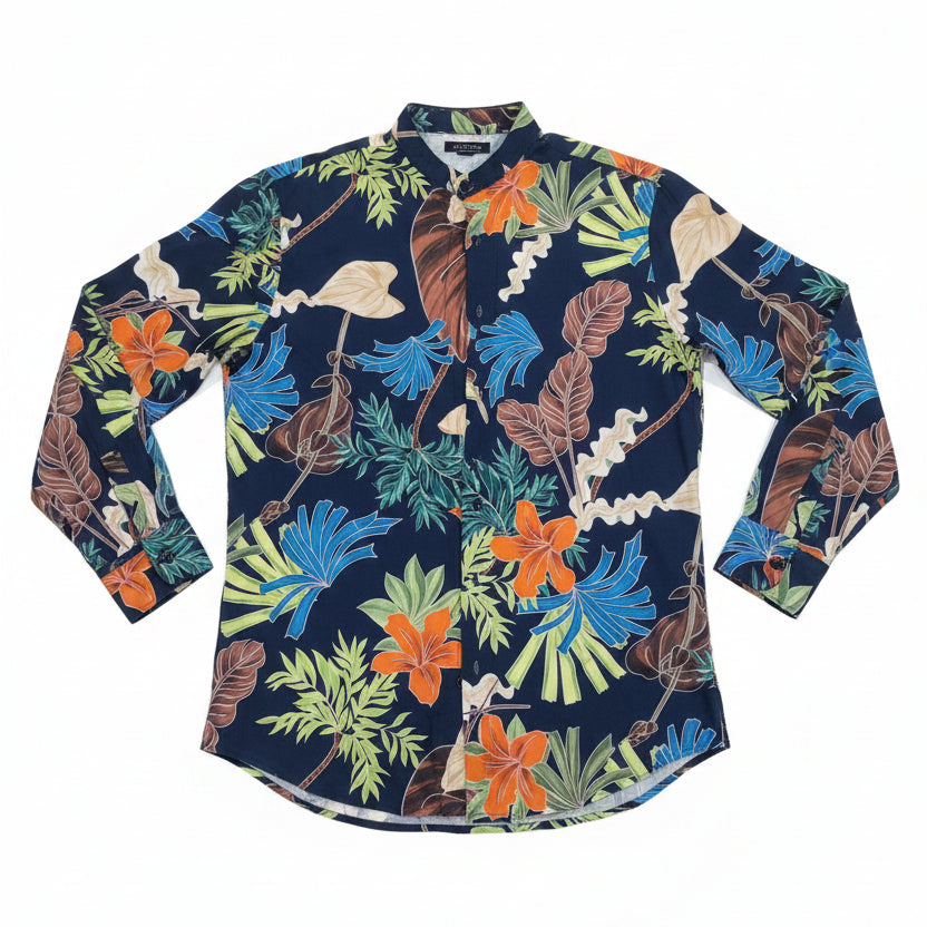 Camicia Uomo in Viscosa Blu – Stampa Floreale e Collo Coreano