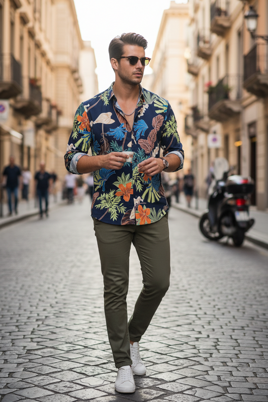 Camicia Uomo in Viscosa Blu – Stampa Floreale e Collo Coreano