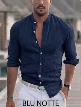 Camicia in lino uomo blu notte colletto alla coreana – Made in Italy, laccetto per manica, stile estivo elegante
