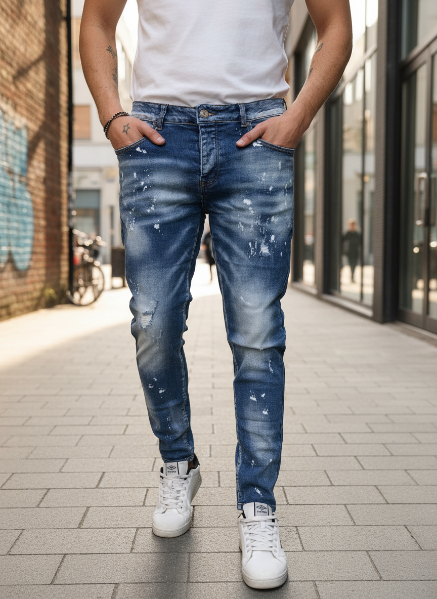 Jeans Uomo Slim Fit Effetto Macchiato – Denim Blu