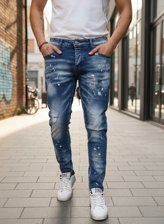 Jeans Uomo Slim Fit Effetto Macchiato – Denim Blu