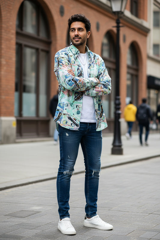 Camicia Uomo in Cotone Verde Acqua – Fantasia Azzurro, Rosa e Corallo con Colletto