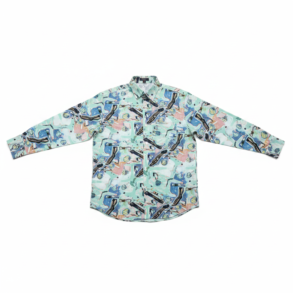 Camicia Uomo in Cotone Verde Acqua – Fantasia Azzurro, Rosa e Corallo con Colletto