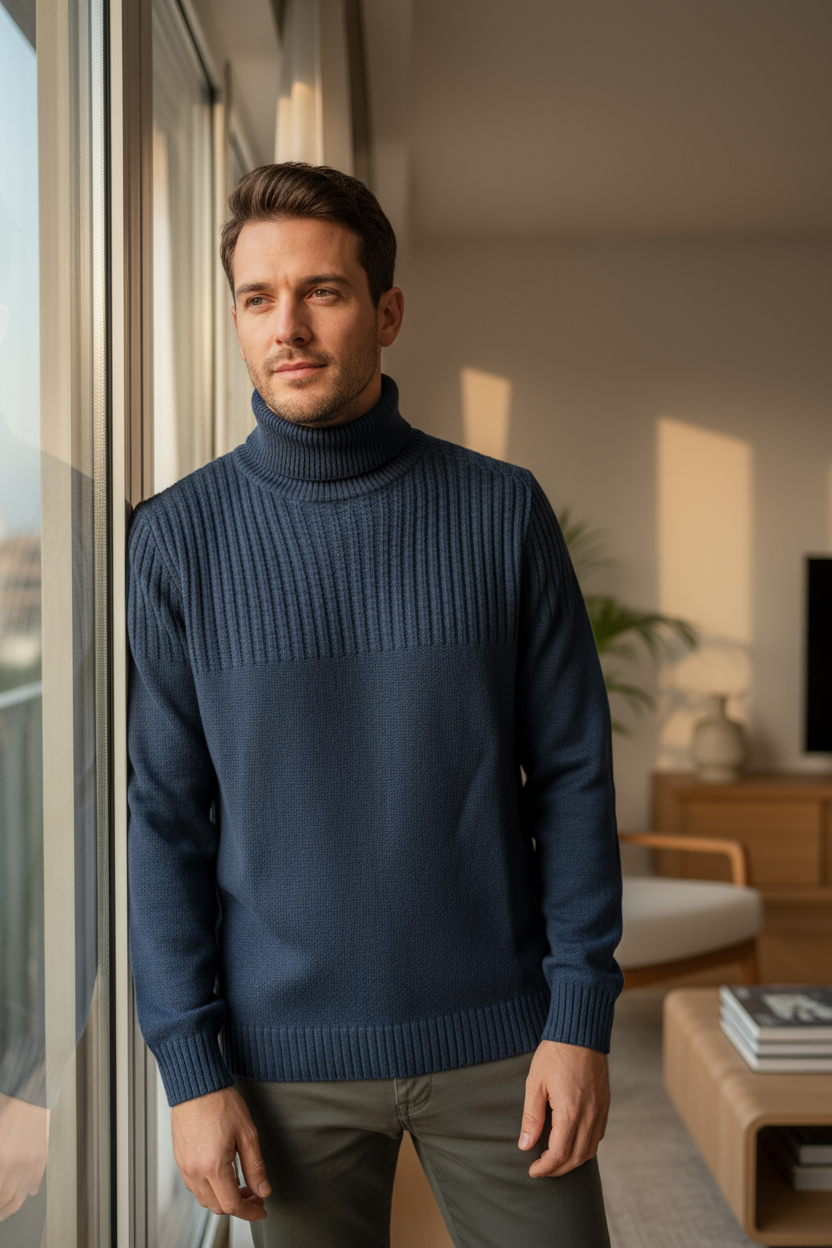 Maglione Uomo Enrico Coveri Collo Alto in Lana e Cotone – Grigio o Blu Antracite