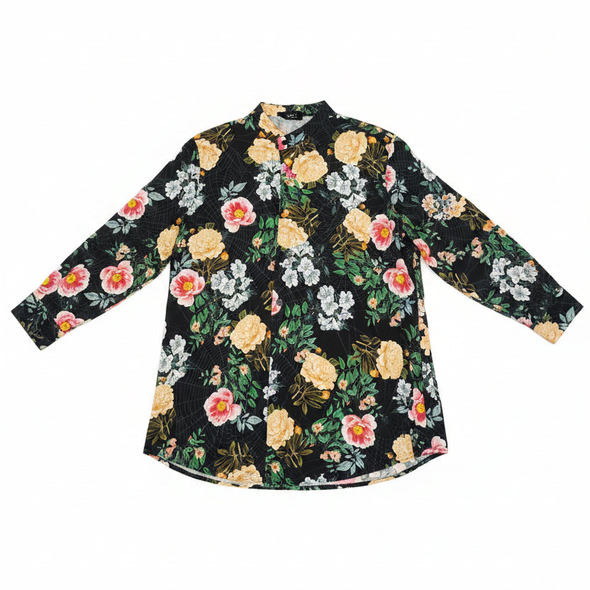 Camicia Uomo in Viscosa Nera – Fantasia Floreale e Collo Coreano