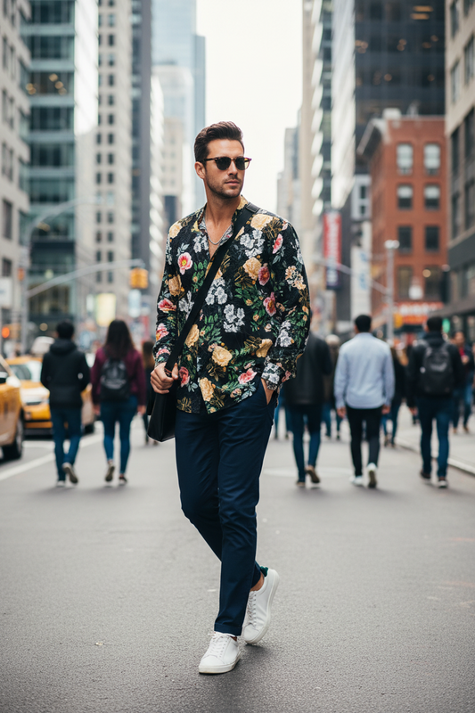 Camicia Uomo in Viscosa Nera – Fantasia Floreale e Collo Coreano