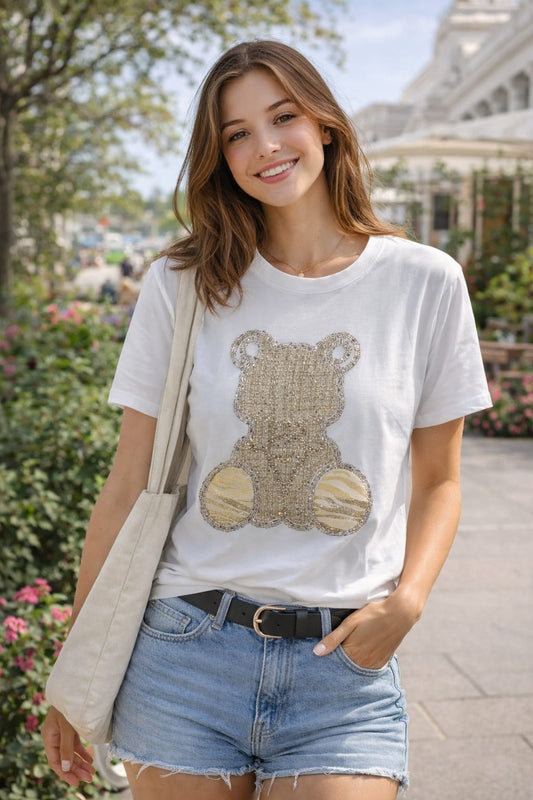 T-shirt donna con orsetto glitter Made in Italy - Design dolce e glamour I Narcisi
