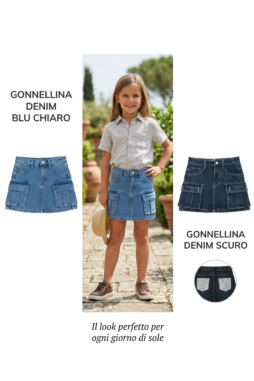 Gonna Bambina di Jeans con Tasche e Strass – Made in Italy