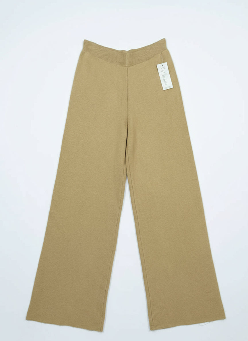Pantalone Maglia Donna Made in Italy – Taglia Unica Beige e Bianco Gamba Larga