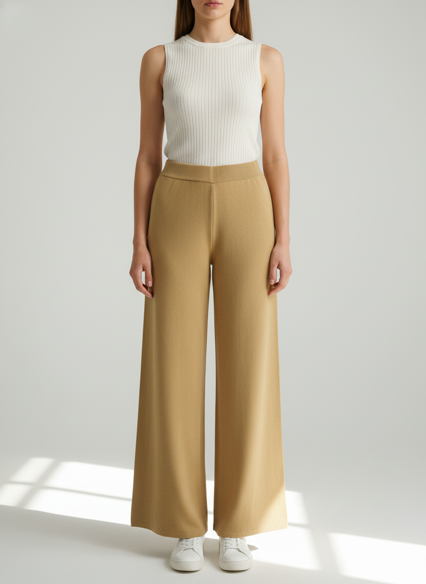 Pantalone Maglia Donna Made in Italy – Taglia Unica Beige e Bianco Gamba Larga