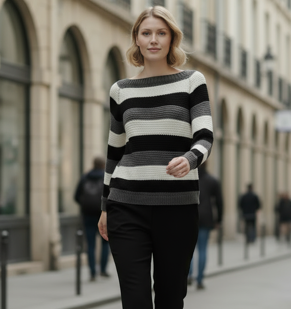 Maglia Donna a Righe Nere Grigie e Panna – Stile Casual Chic Versatile