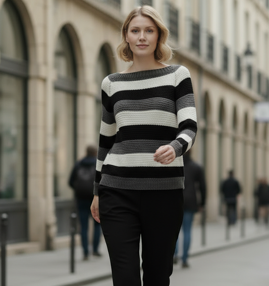 Maglia Donna a Righe Nere Grigie e Panna – Stile Casual Chic Versatile