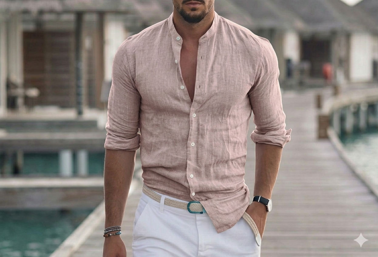 Camicia in lino uomo rosa cipria colletto alla coreana – Made in Italy, laccetto per manica, stile estivo elegante
