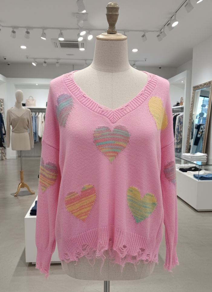 Maglione Rosa Donna Cuori Colorati Orlo Sfilacciato – Romantico Trendy