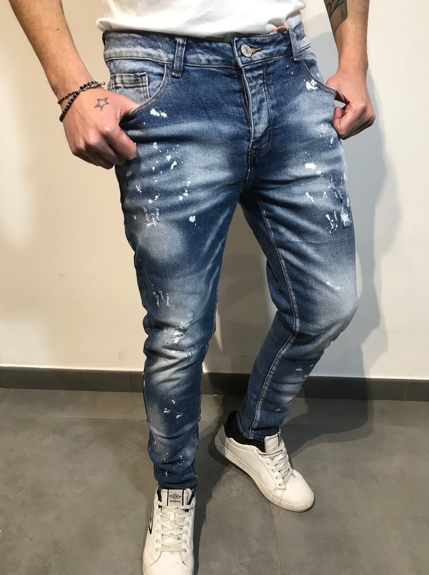 Jeans Uomo Slim Fit Effetto Macchiato – Denim Blu Elasticizzato